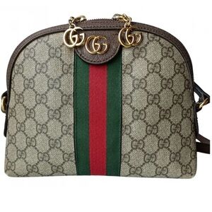 Gucci Ophedia Dome Beige and Brown Crossbody Bag with Red and Green Stripe